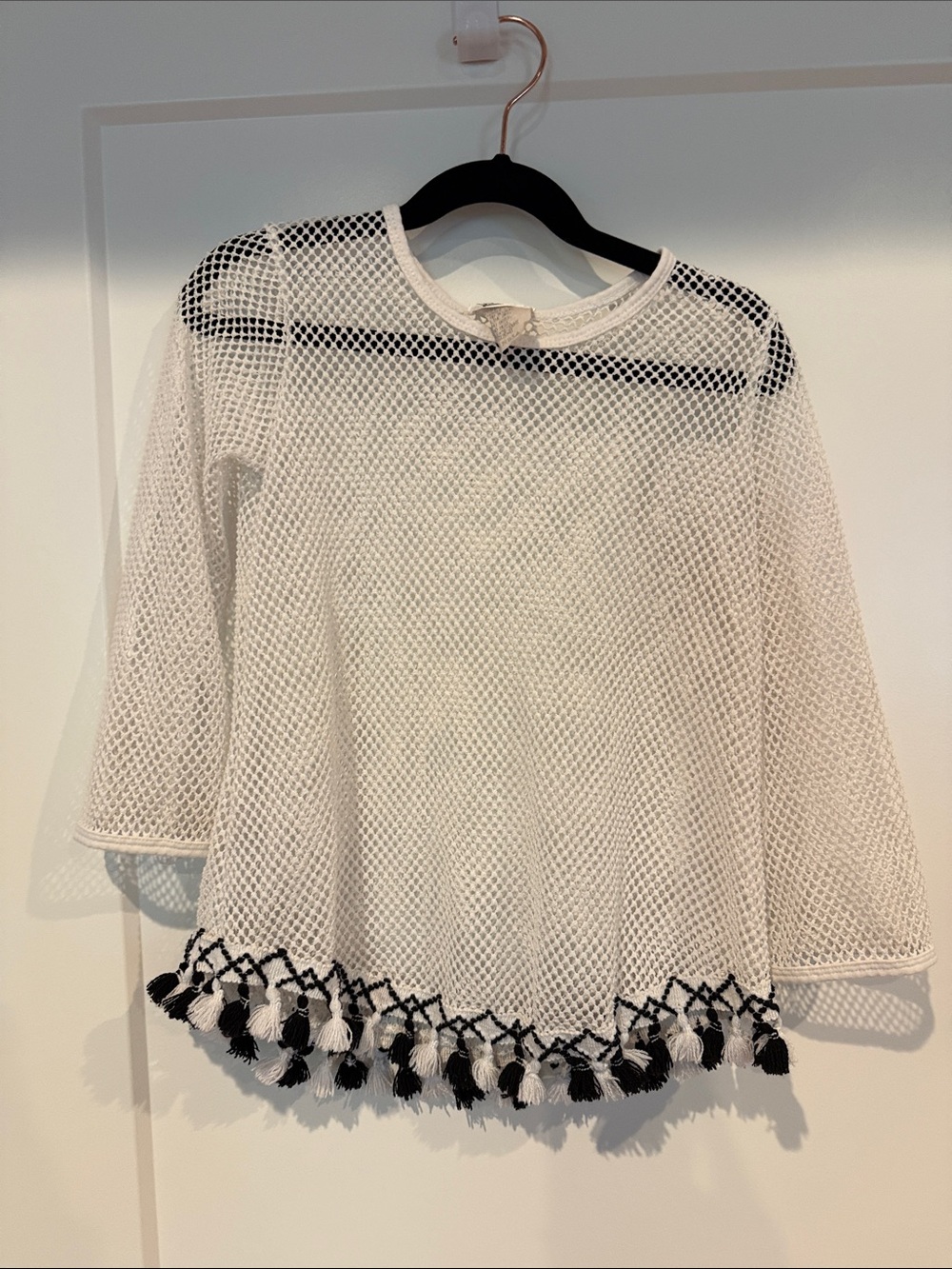 Girls' White Mesh Swim Coverup with Black Tassel Hem